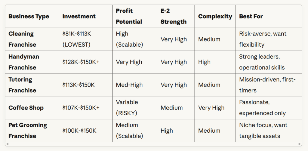 Best E-2 visa businesses