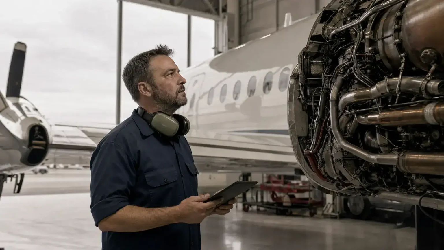 Aircraft maintenance technician with a tablet inspecting an engine in a Canadian hangar