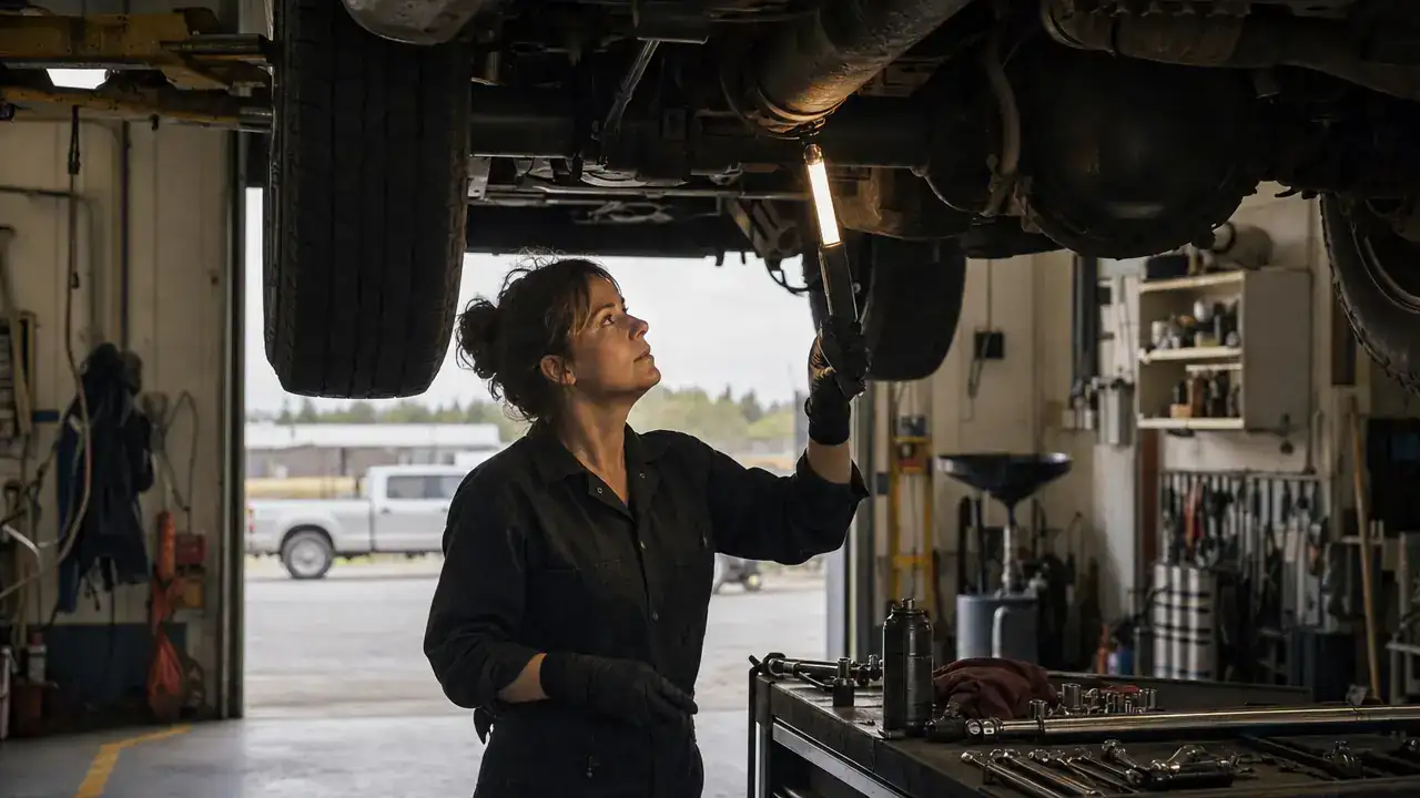 Automotive service technician inspecting the underside of a truck on a lift in a Canadian garage