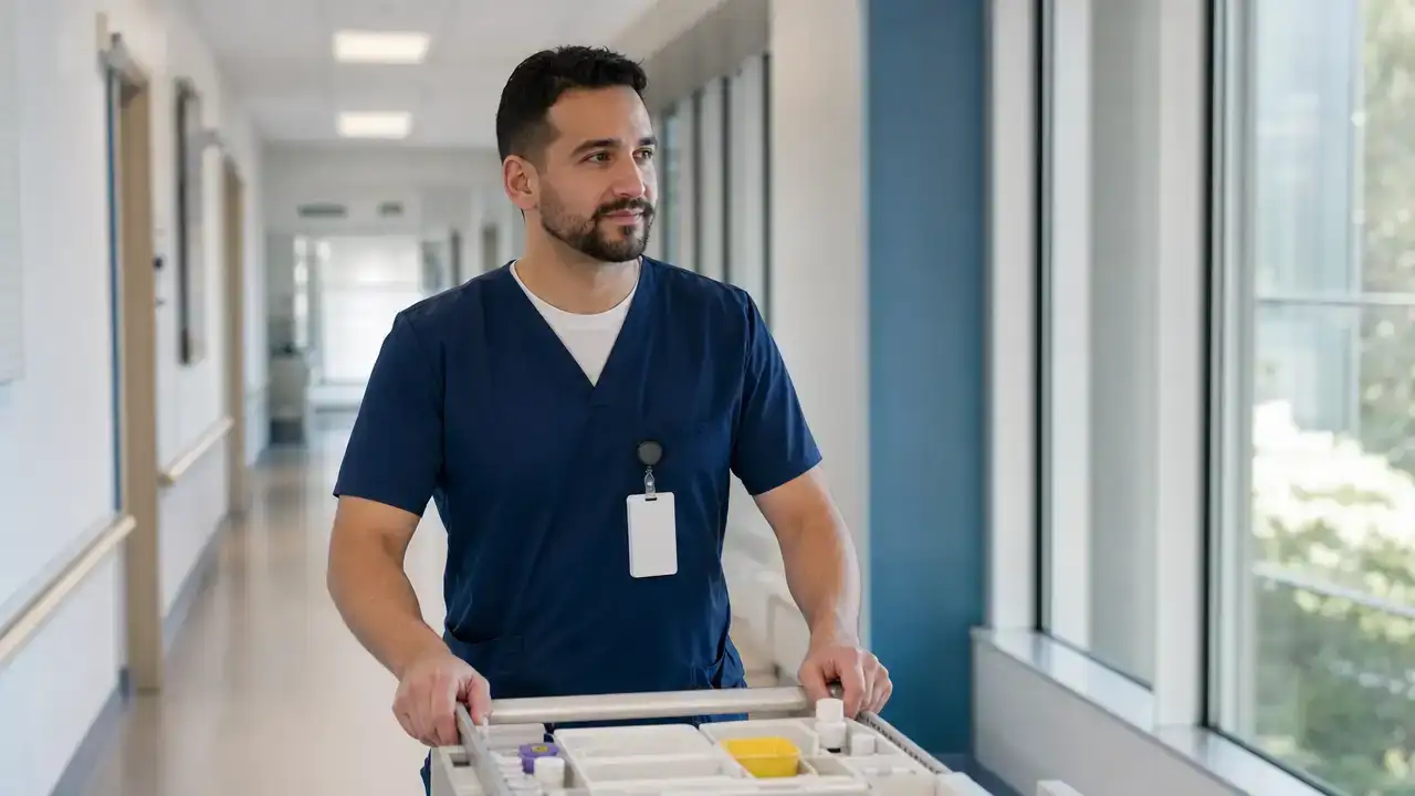 Health care aide in a hospital preparing documents for nursing registration in Canada