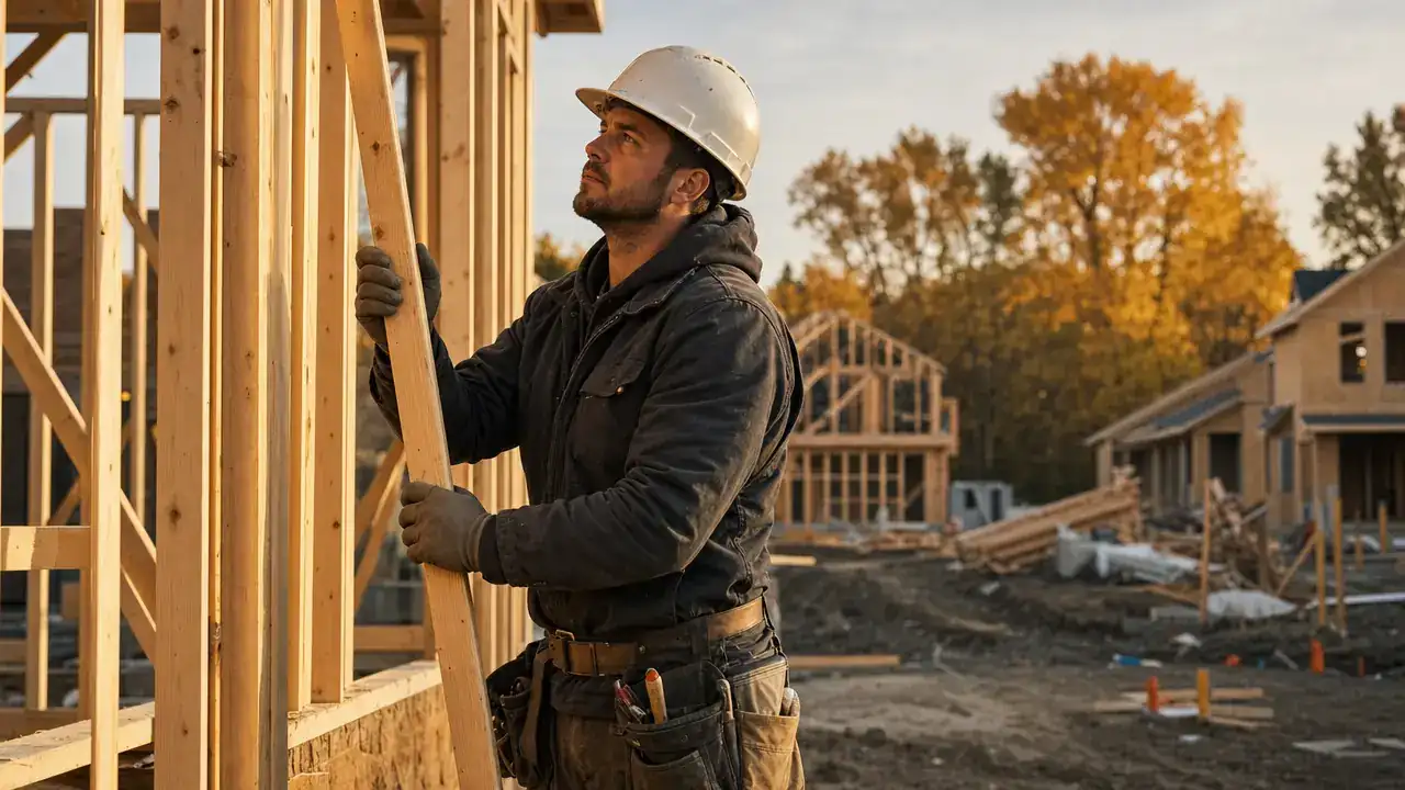 Carpenter in a hard hat fitting a wooden stud into the frame of a new house in a Canadian development