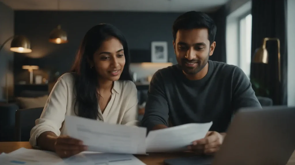 Couple reviewing documents and a laptop together while planning their Express Entry application