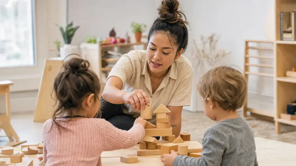 Early childhood educator building wooden blocks with two young children in a Canadian daycare