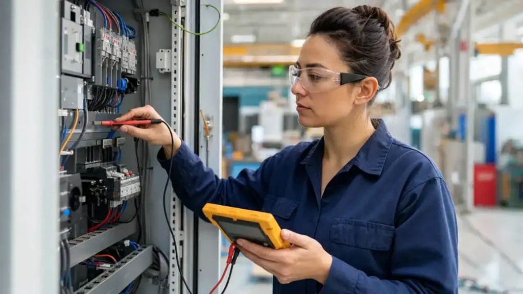 Electrical engineering technologist eligible for STEM Express Entry testing a control panel