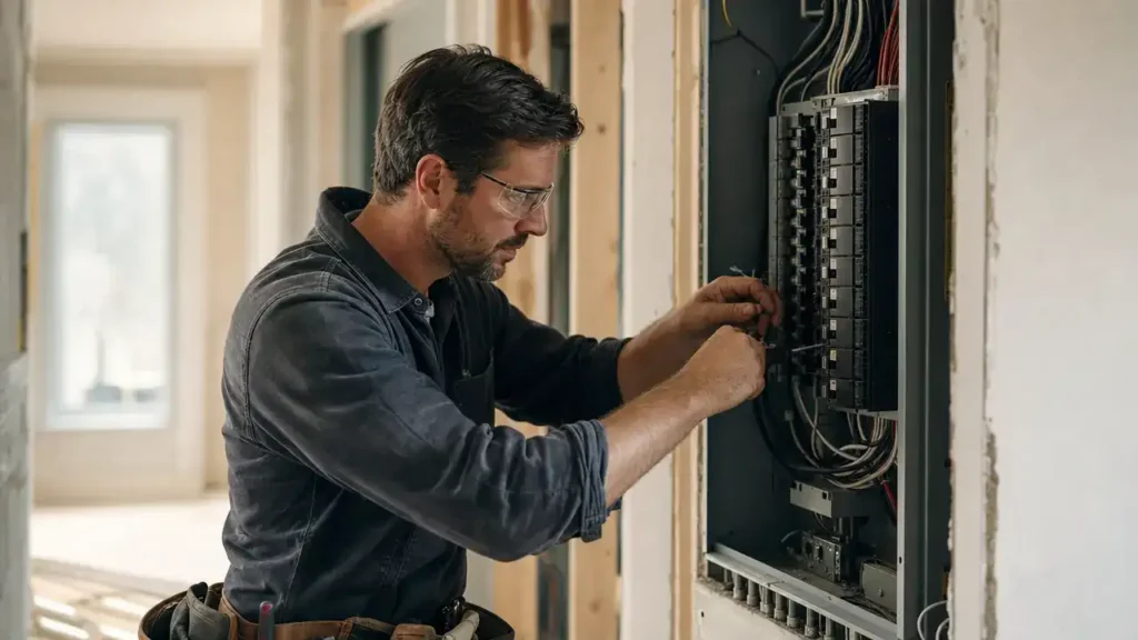 Electrician in safety glasses wiring an electrical panel in a new Canadian home
