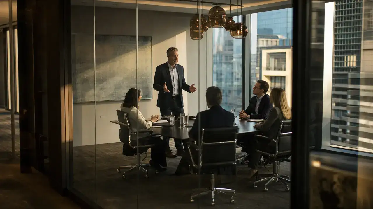 Senior executive leading a boardroom meeting with his team in a Canadian office tower