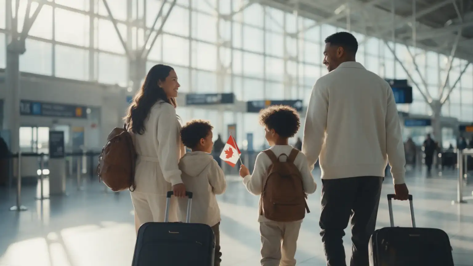 Family with suitcases and a small Canadian flag arriving at a Canadian airport as new permanent residents