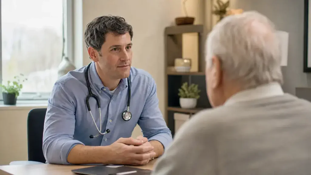 Family doctor with a stethoscope listening to an elderly patient in a Canadian clinic