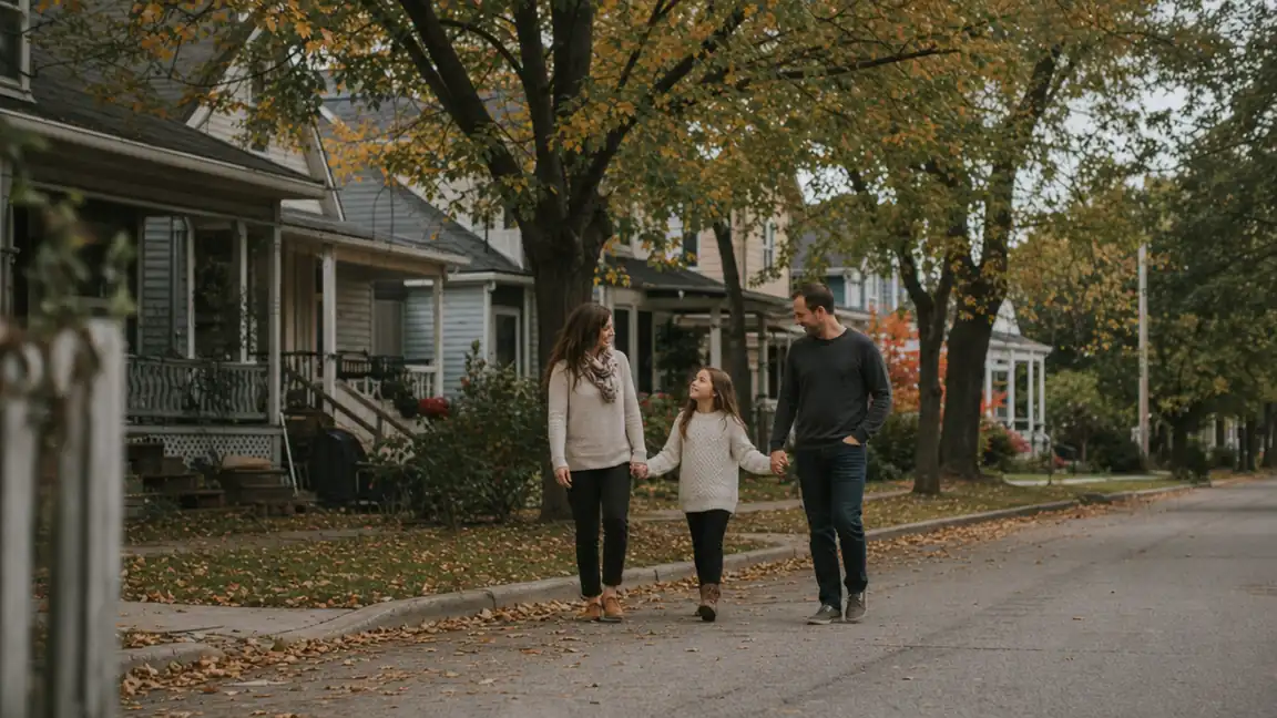 Family of three walking hand in hand down a leafy street in a small Canadian town in autumn
