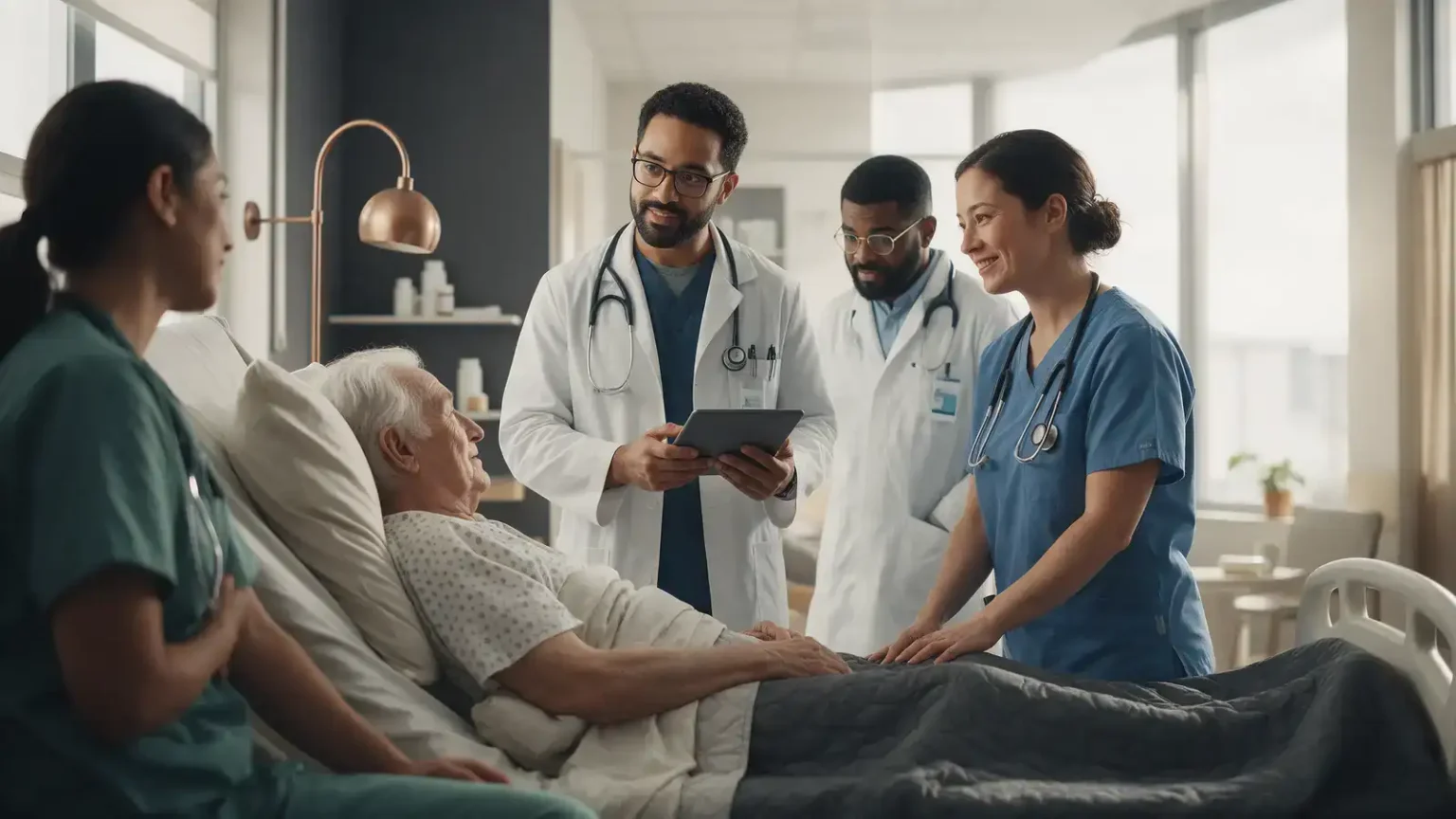 Doctor, nurse and healthcare team caring for an elderly patient on a Canadian hospital ward