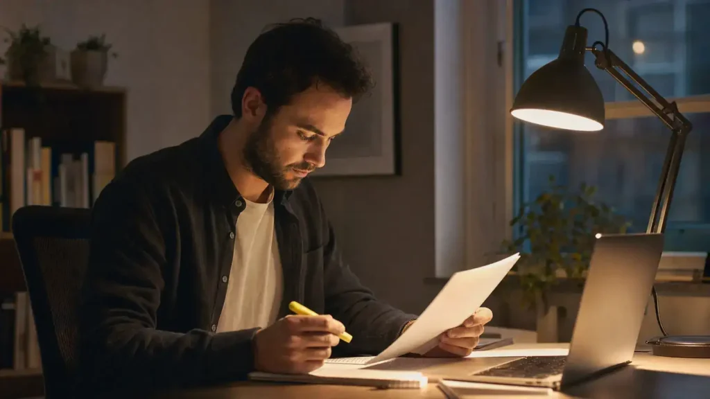 Man highlighting his job description at a desk to match his duties to an Express Entry category NOC code