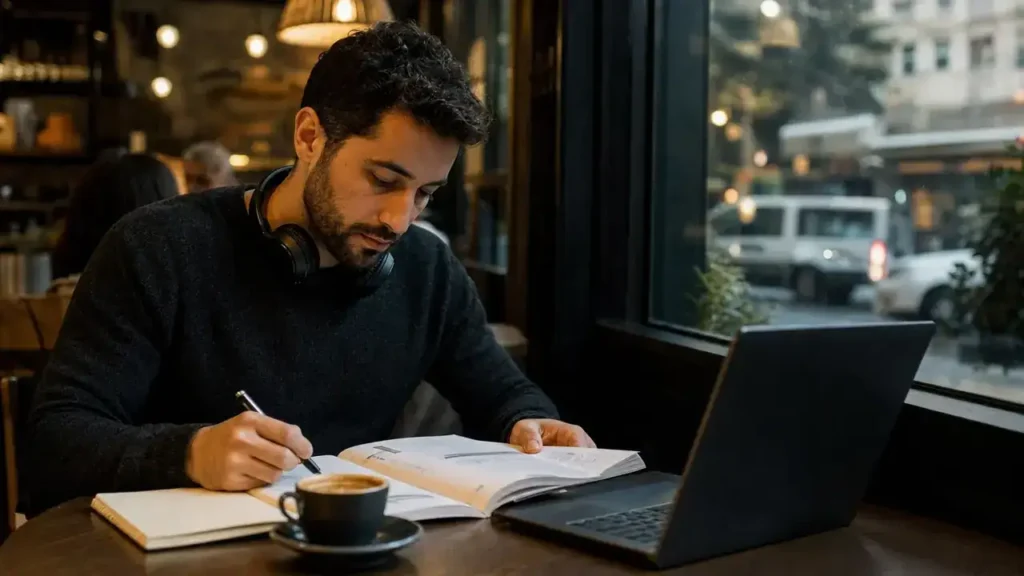 Man studying with a language workbook in a cafe to prepare for his TEF Canada French test