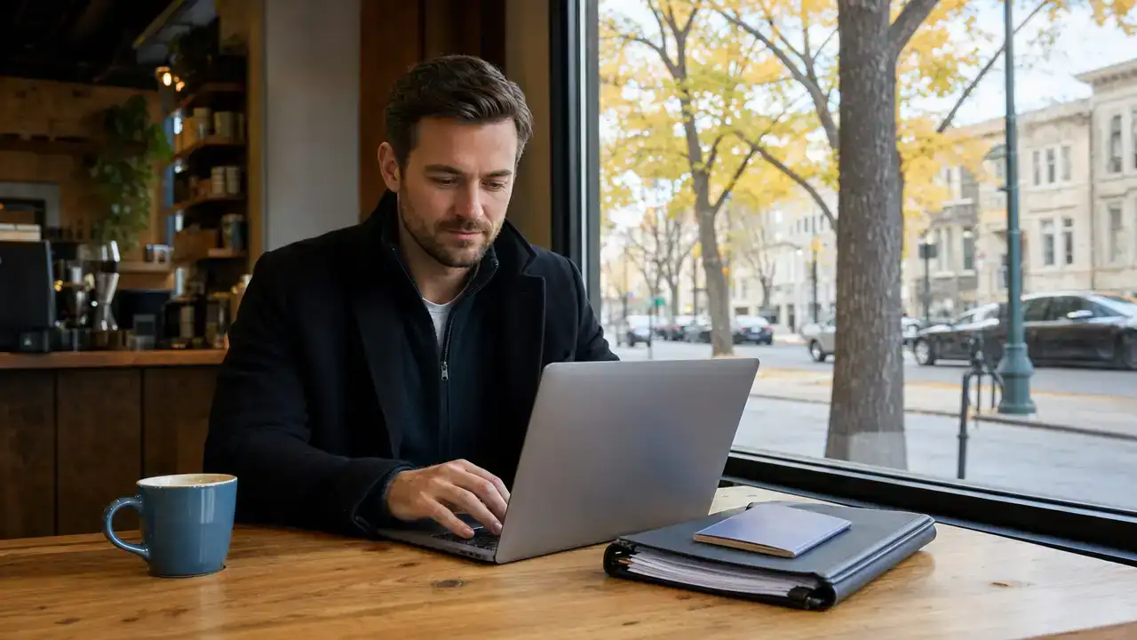 Man submitting his Manitoba PNP Expression of Interest from a Winnipeg cafe
