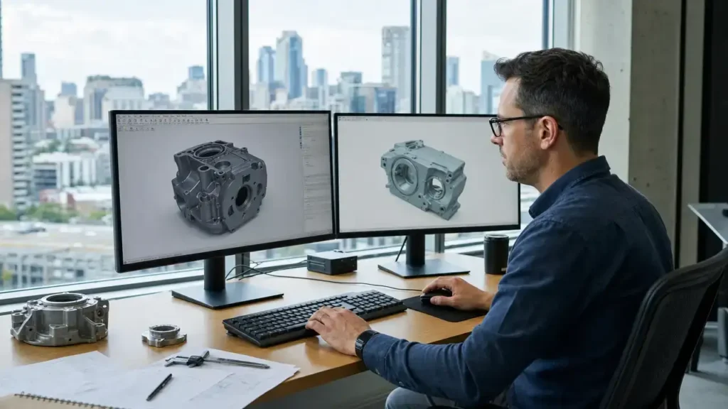 Mechanical engineer applying through STEM Express Entry reviewing a CAD model