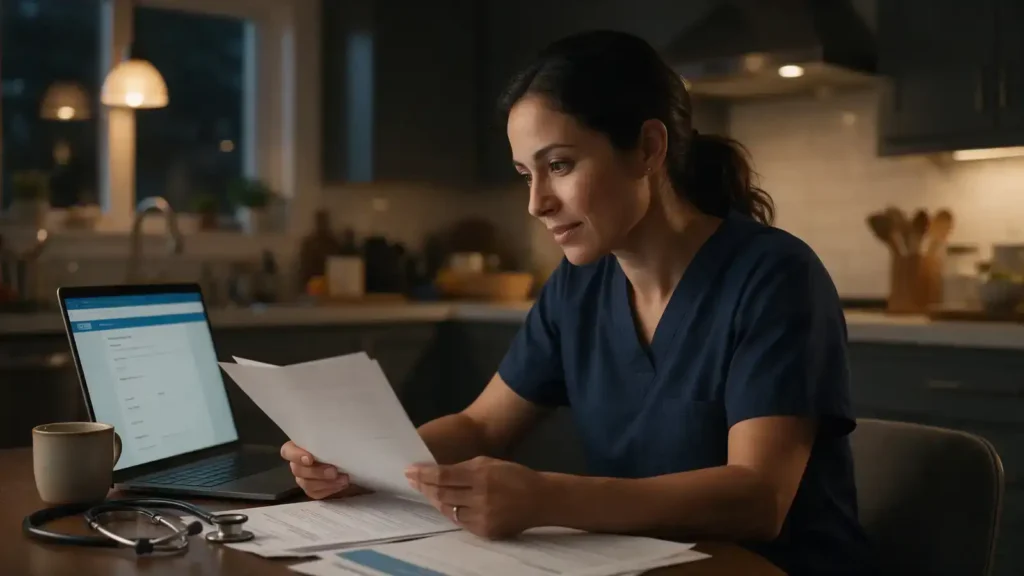 Internationally trained nurse in scrubs reviewing her Express Entry documents and laptop at a kitchen table