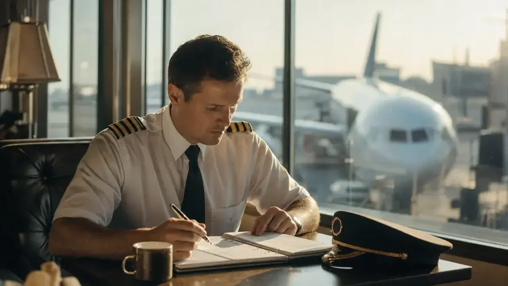 Commercial pilot reviewing his logbook at an airport window before applying for Express Entry
