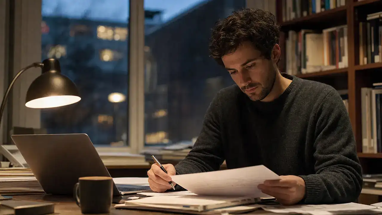 Postdoctoral researcher reviewing papers at his desk in a Canadian university office