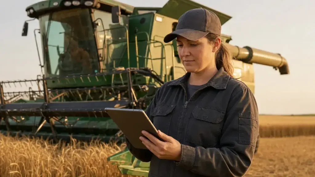 Farm equipment technician in a Saskatchewan wheat field applying through the Saskatchewan PNP Agriculture Talent Pathway