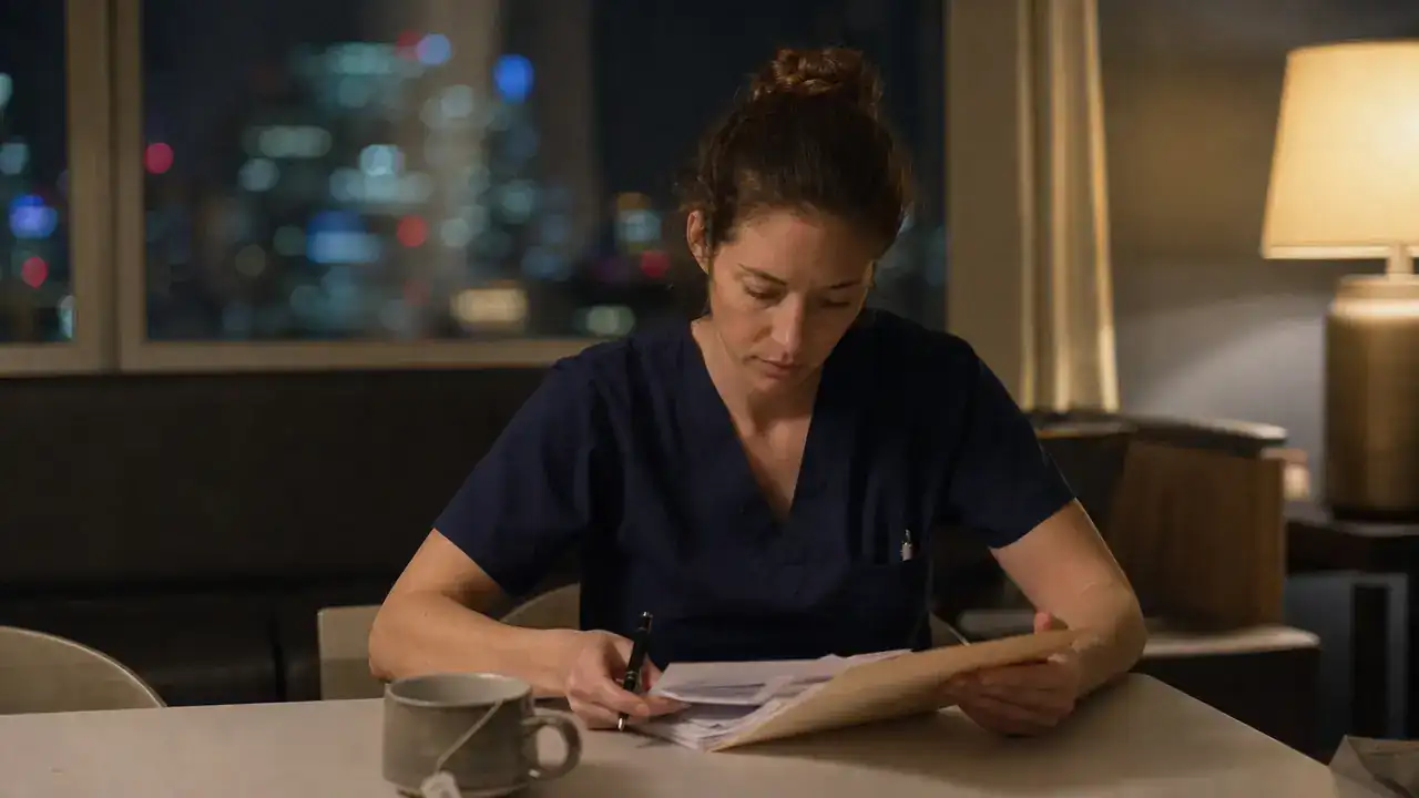 Surgeon in scrubs reviewing her permanent residence documents in a quiet hospital lounge