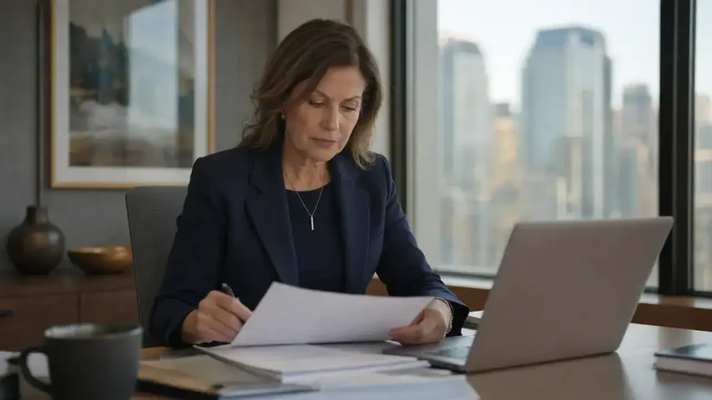 Woman executive in a navy blazer reviewing a report in her corner office in a Canadian city