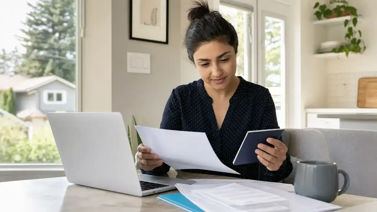 Woman reviewing her Canada immigration documents and passport at home