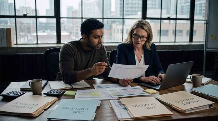 Entrepreneurs planning a start-up at a desk, the work behind C11 significant benefit evidence