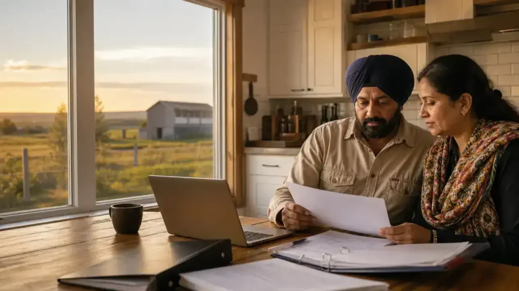 Farmer couple preparing a business plan for the Alberta Farm Stream at their kitchen table
