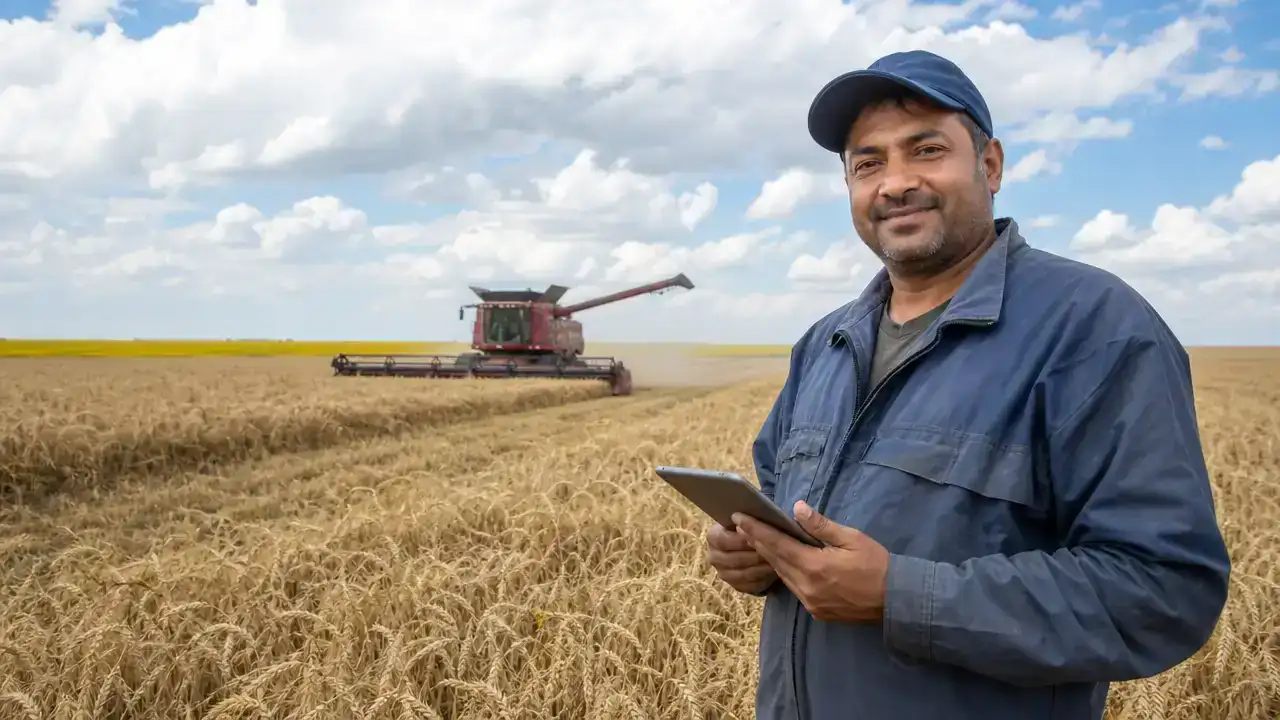 Alberta farmer in a wheat and canola field after applying through the Alberta Farm Stream