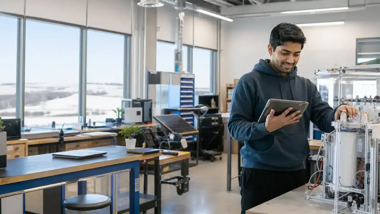 Foreign graduate founder building a clean-technology start-up in an Alberta workshop