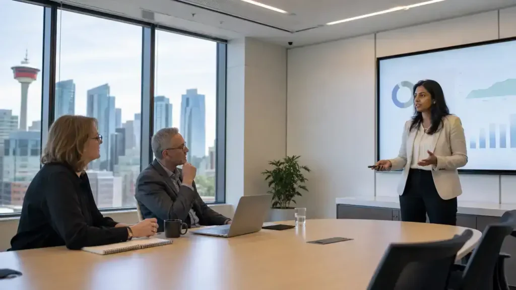 Founder pitching to advisors at an AAIP designated agency for the Foreign Graduate Entrepreneur Stream