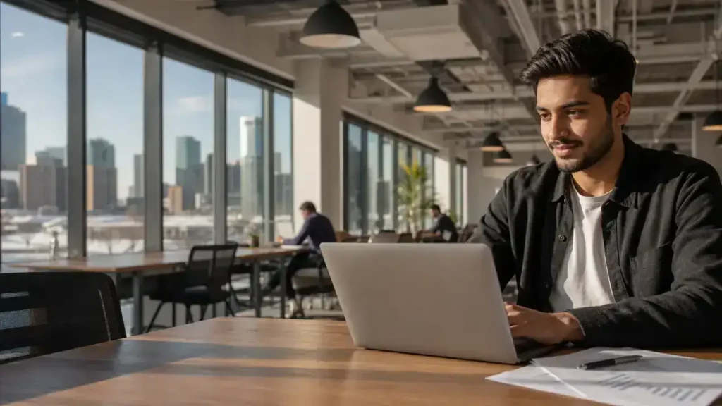 Alberta graduate preparing a business plan for the Graduate Entrepreneur Stream in an Edmonton co-working space