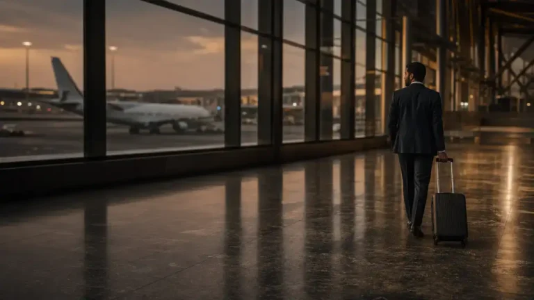 American dual citizenship with Canada: a traveller with a suitcase walking through an airport terminal at dusk