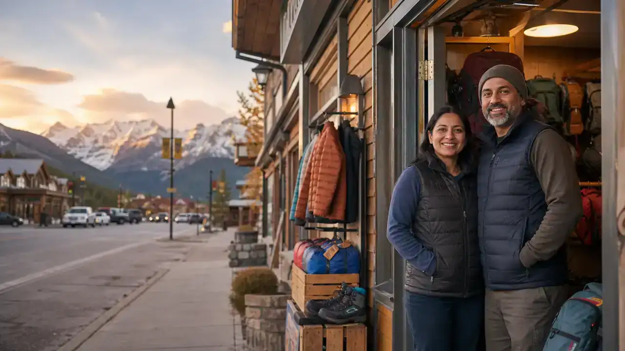 Couple running an outdoor gear shop in a British Columbia mountain town after BC PNP entrepreneur immigration