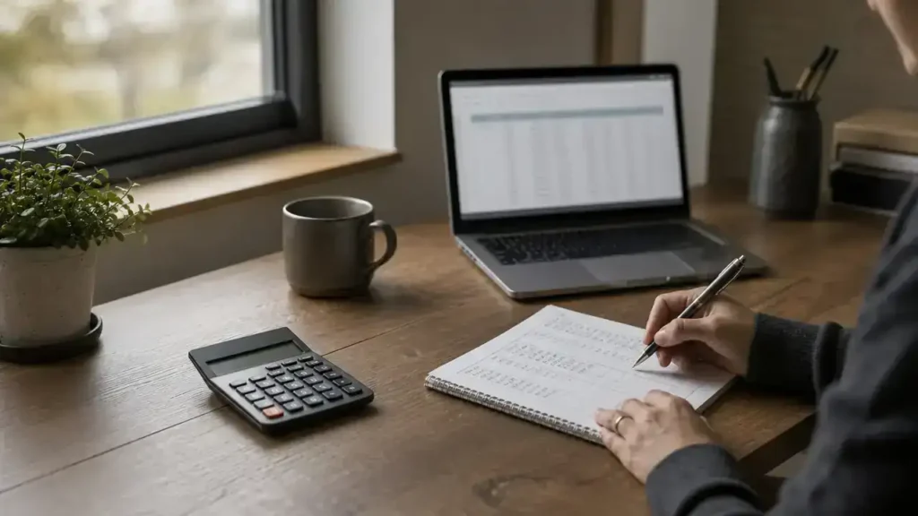 Person budgeting Canada PR fees with a calculator and notebook