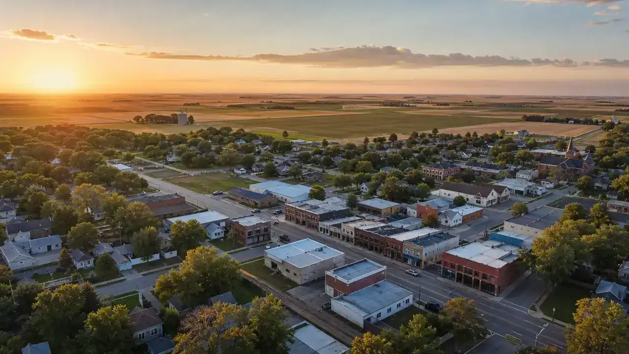 Small Canadian prairie town main street at golden hour