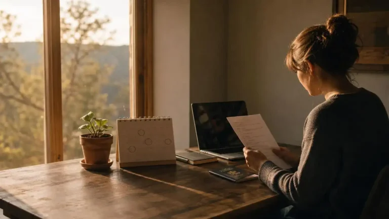 Person checking a citizenship checklist beside a calendar and passport