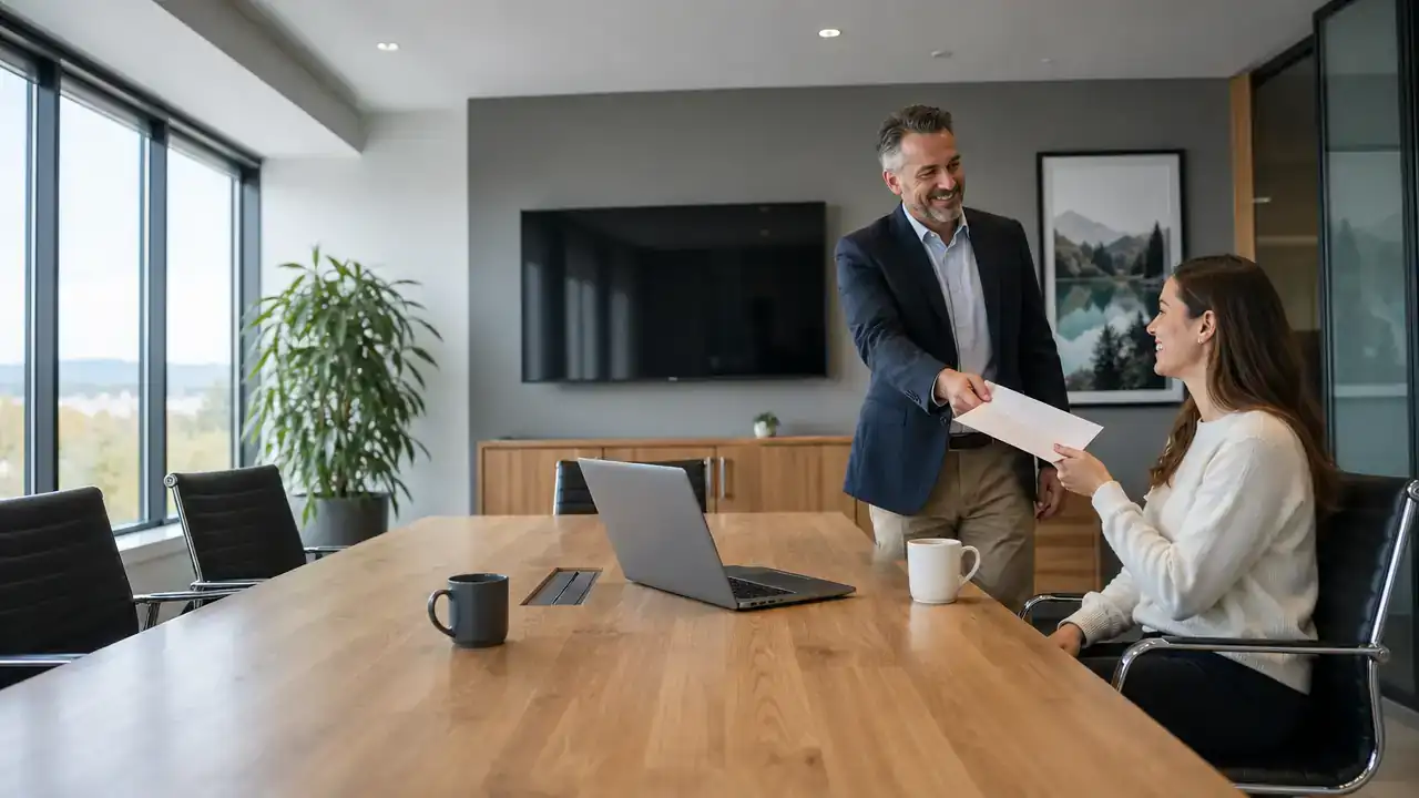 Employer handing a signed reference letter to an employee applying through the Canadian Experience Class