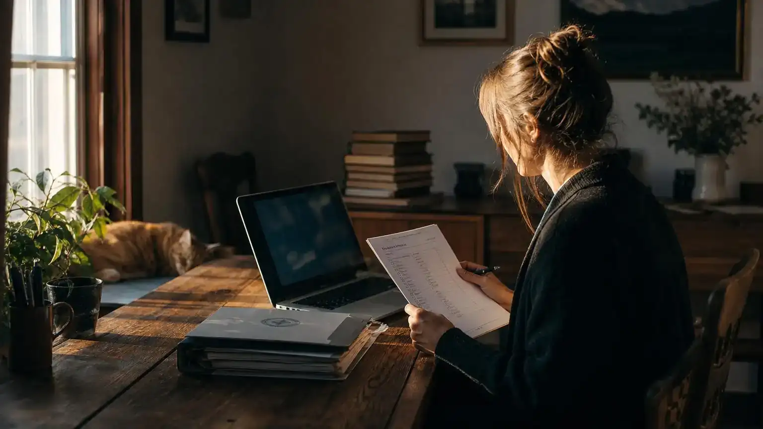 Person reviewing a checklist beside a folder of certified records