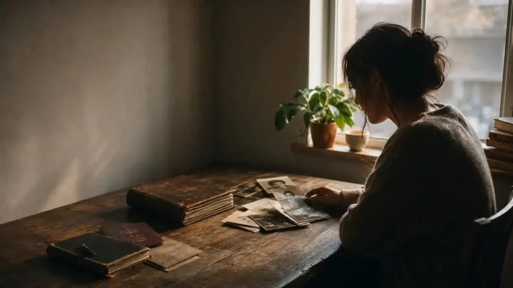 Person reviewing old family photographs to check citizenship by descent