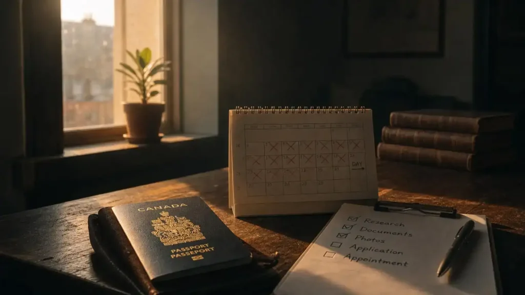 Passport, calendar with marked days and a citizenship application checklist