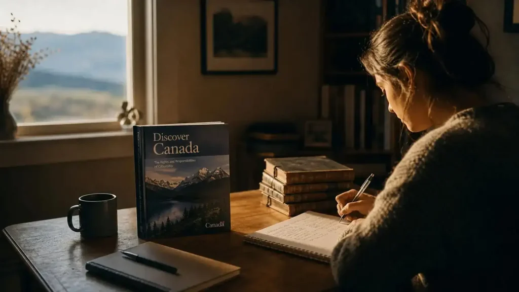 Person studying the Discover Canada guide for the citizenship test