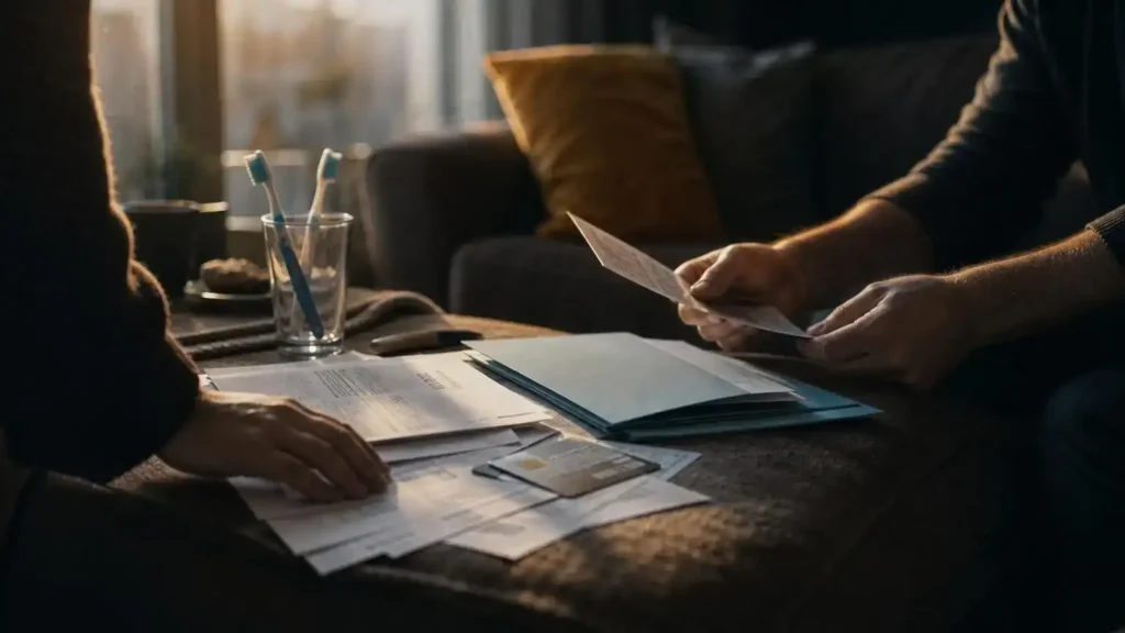 Couple laying out a shared lease, bills and bank card as proof of a common-law relationship