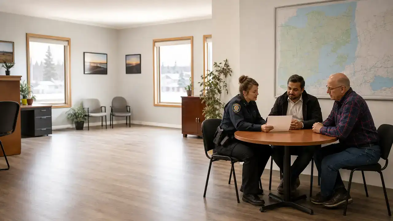 Community officer reviewing a community recommendation form with an employer and a newcomer worker