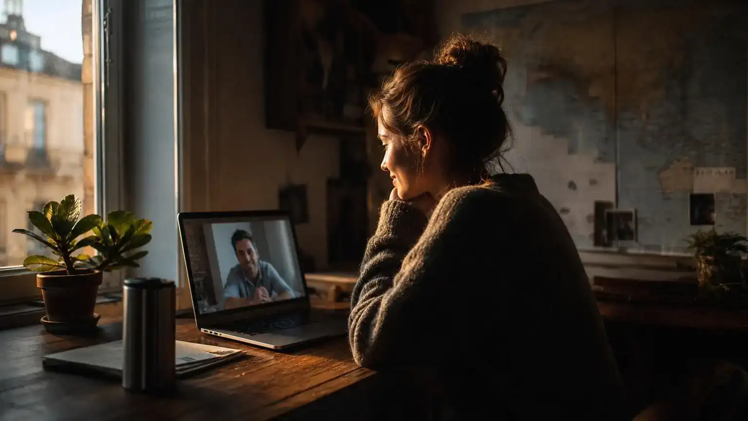 Woman on a video call with her conjugal partner abroad