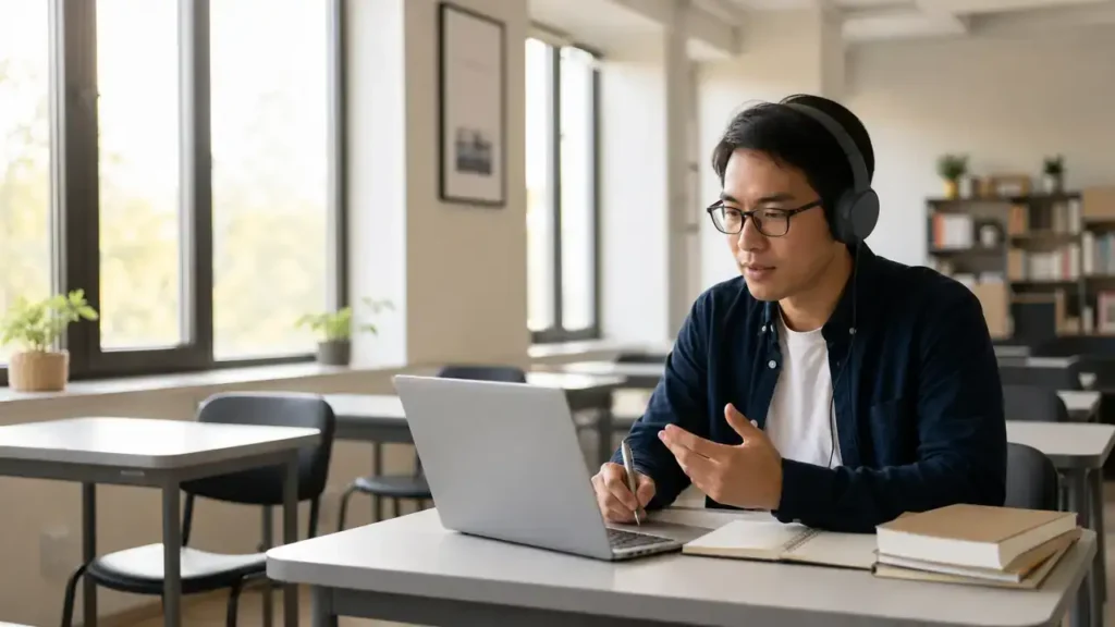 Adult student practising English in a language lab to raise CLB scores