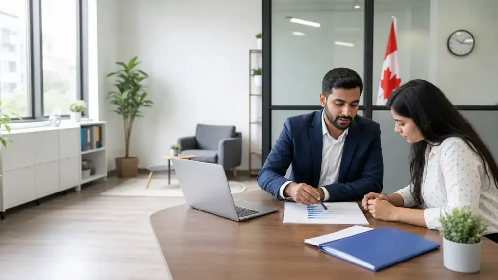 Consultant explaining a CRS points chart to a client
