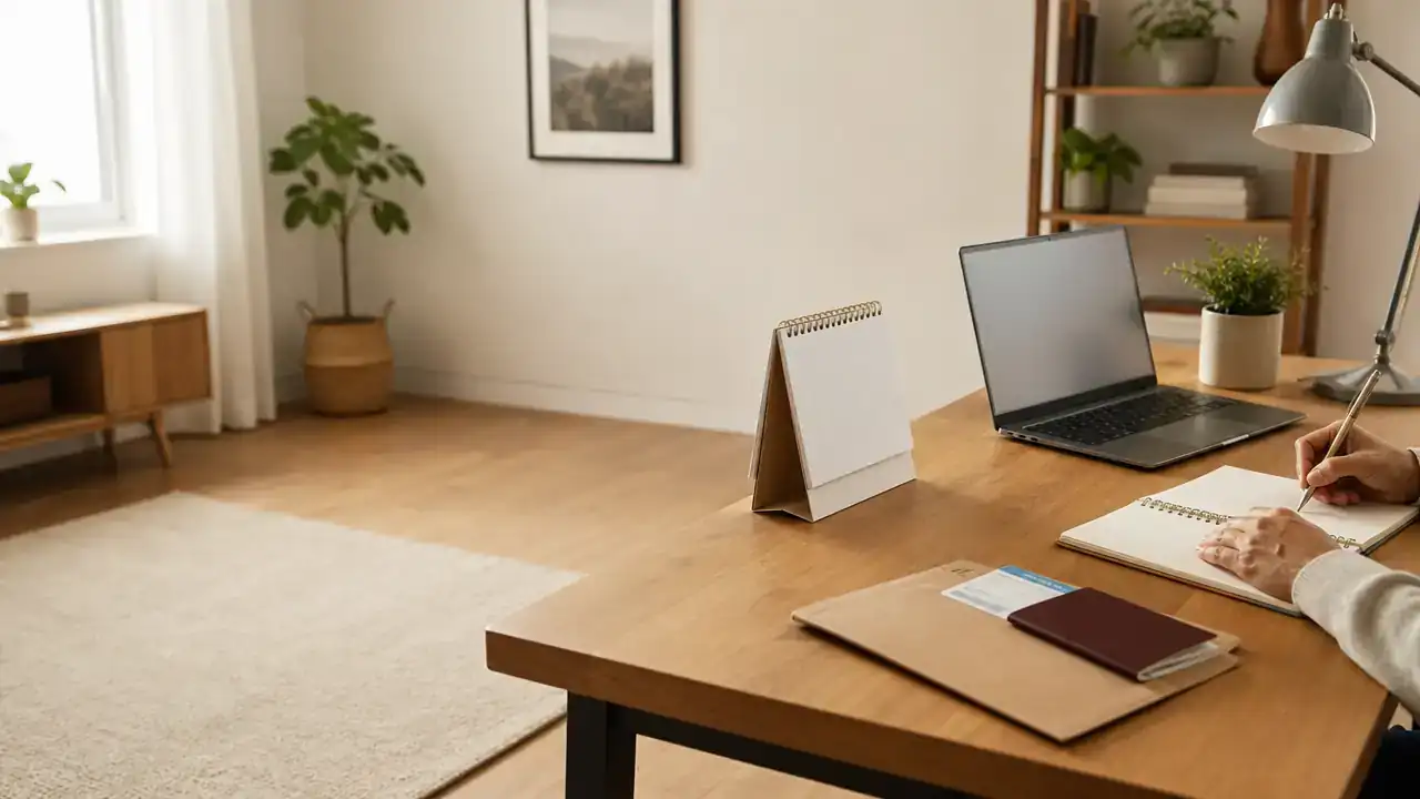 Desk with a calendar, laptop and passport for an Express Entry profile timeline