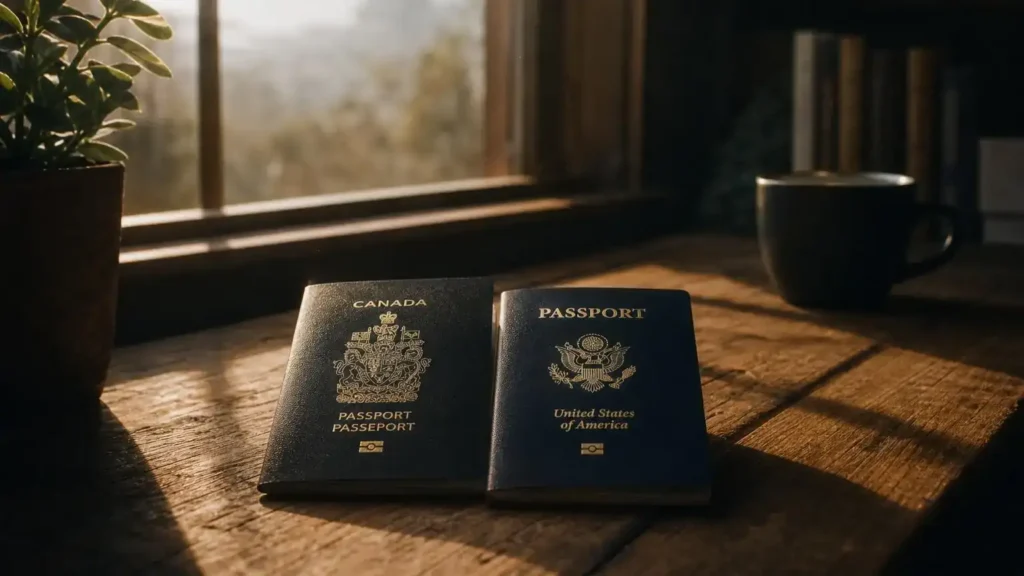 Canadian and United States passports side by side on a table