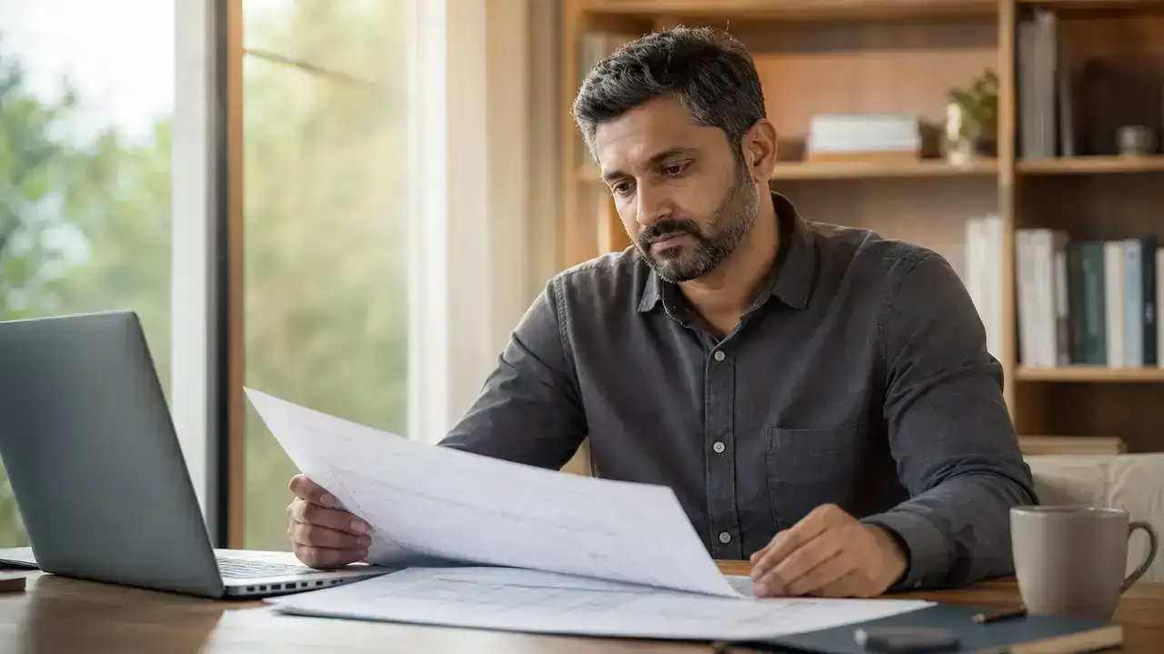 Engineer reviewing EB-2 NIW petition documents at a home desk