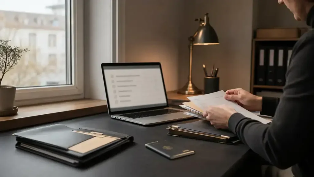 Person sorting papers at a desk with a laptop and passport, checking an Express Entry incomplete application